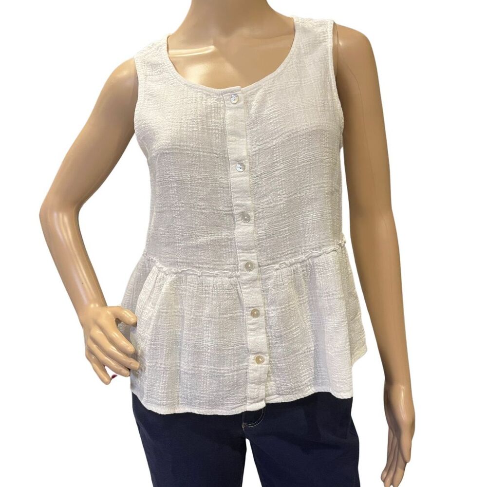 Sigrid Olsen White Linen Cotton Blend Button Down Peplum Tank Top Sz S
